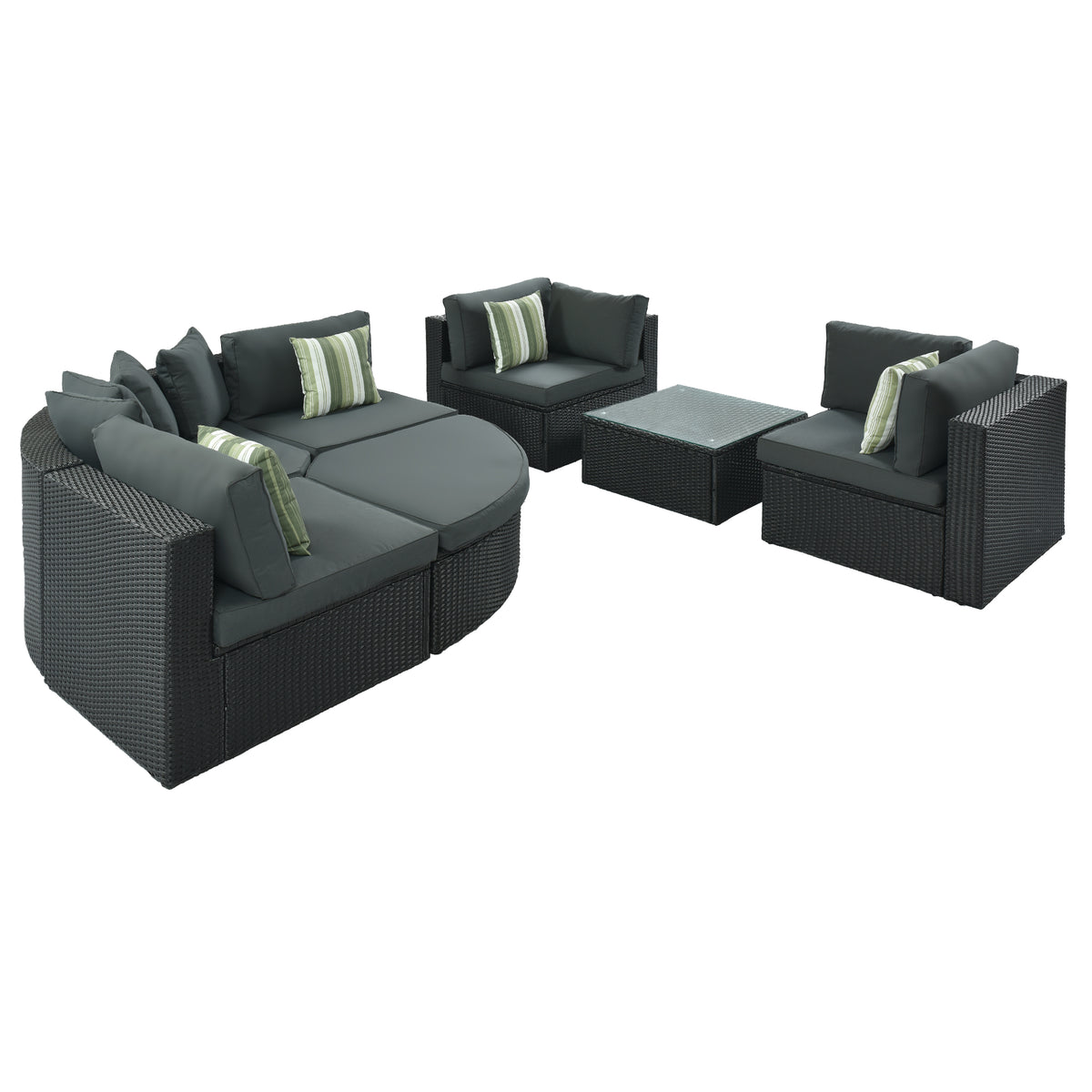 Sfeerco Prado 7-piece wicker patio set shown in open modular layout with all pieces separated