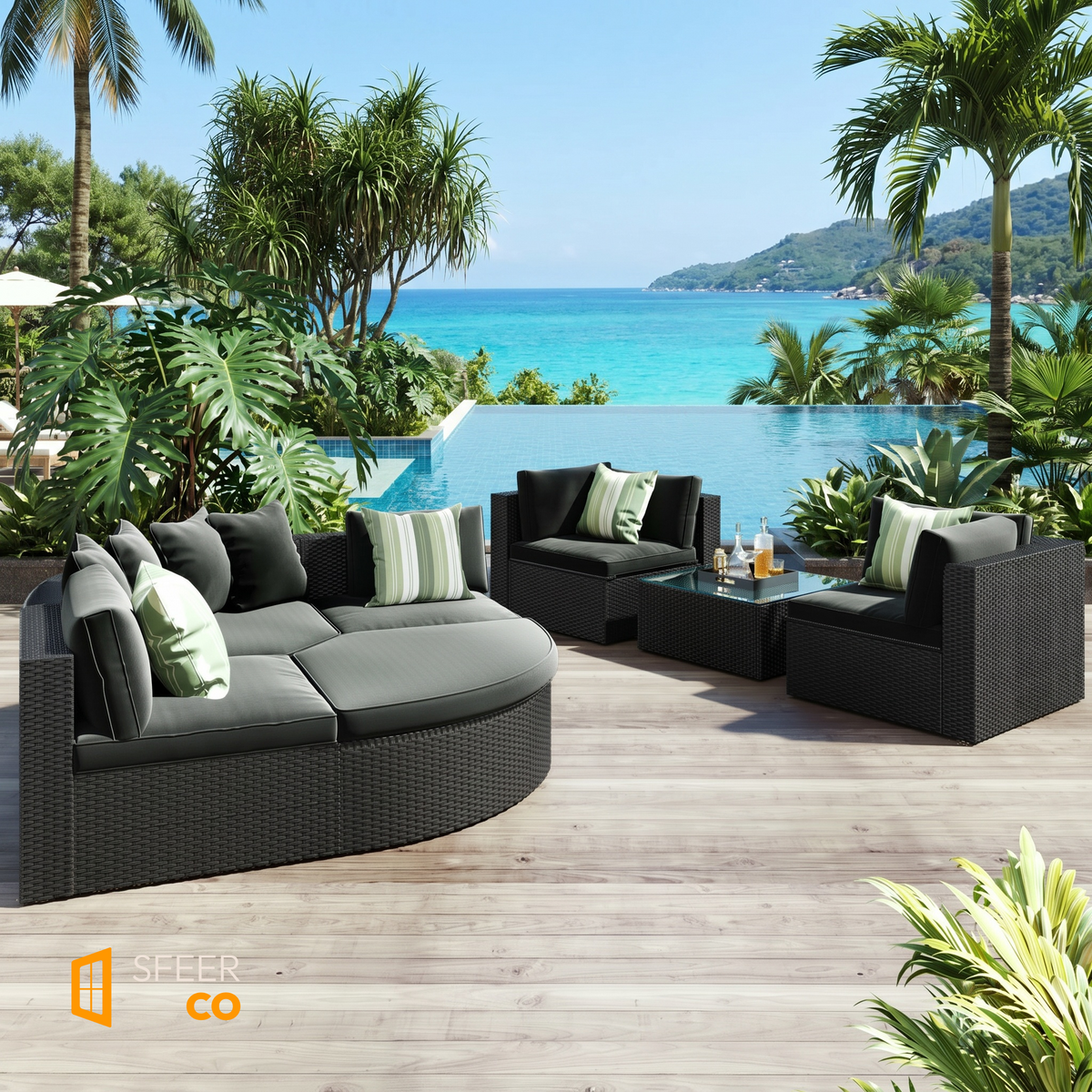 Sfeerco Prado outdoor wicker conversation sofa set on pool terrace with green accent pillows and glass table