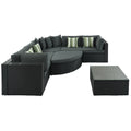 Side view of Sfeerco Prado outdoor rattan sofa set showing full 7-piece configuration with grey cushions