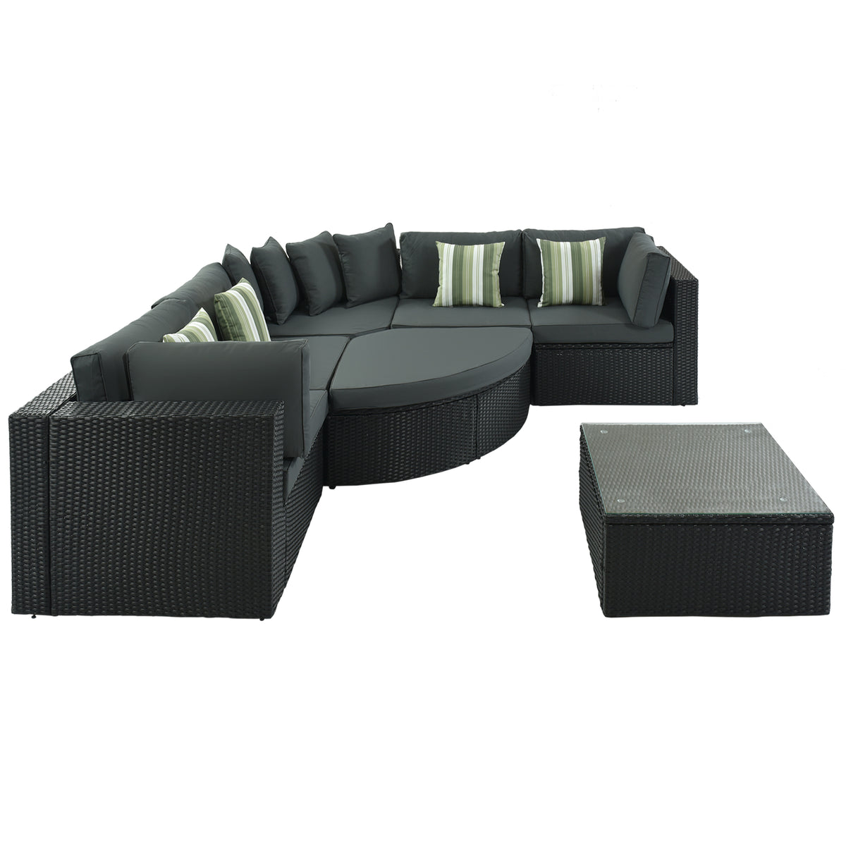 Side view of Sfeerco Prado outdoor rattan sofa set showing full 7-piece configuration with grey cushions
