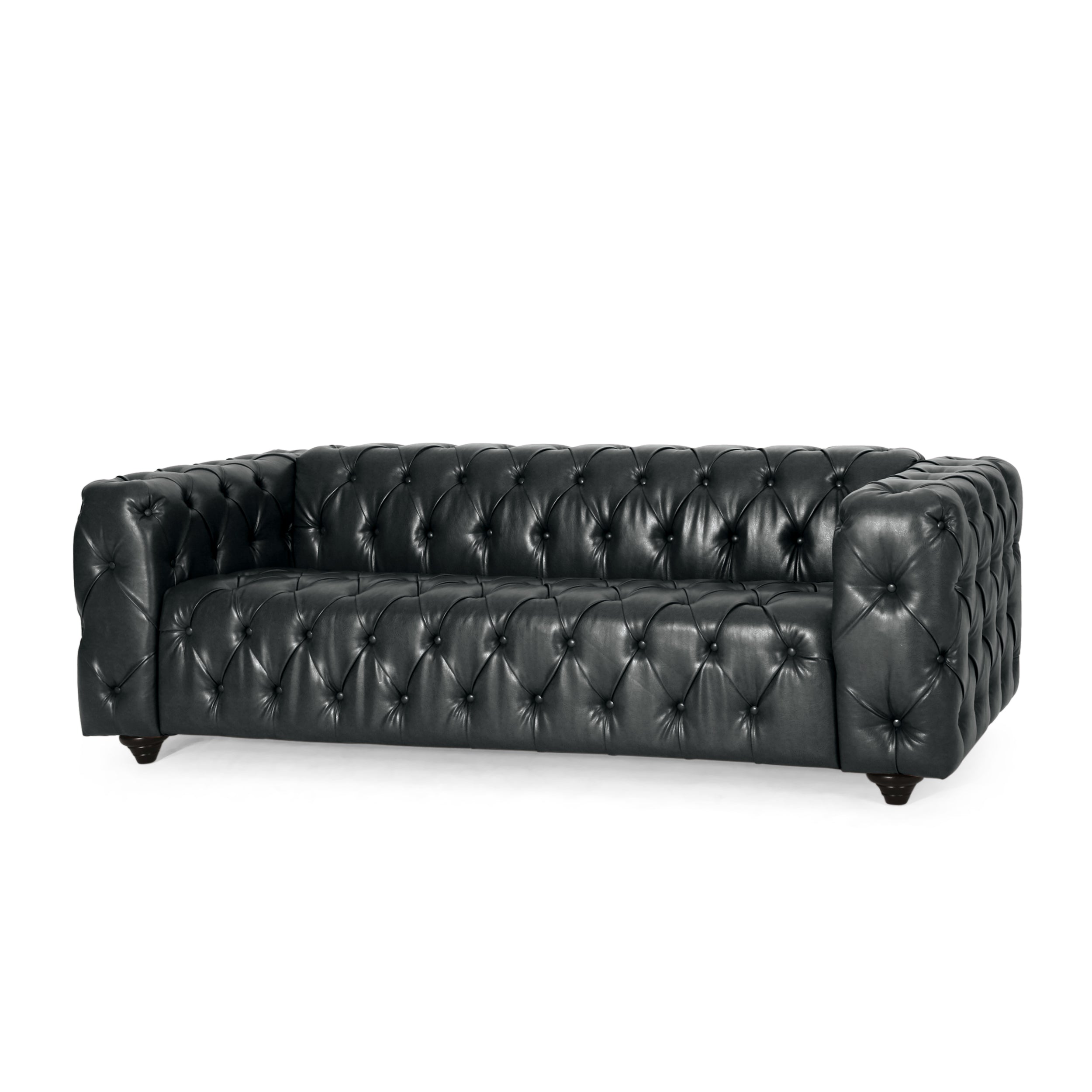 Angled view of Sfeerco Regis black Chesterfield sofa showing full button tufting and wood legs