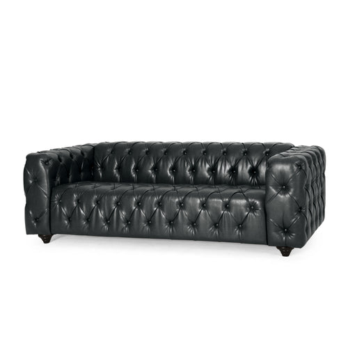 Angled view of Sfeerco Regis black Chesterfield sofa showing full button tufting and wood legs
