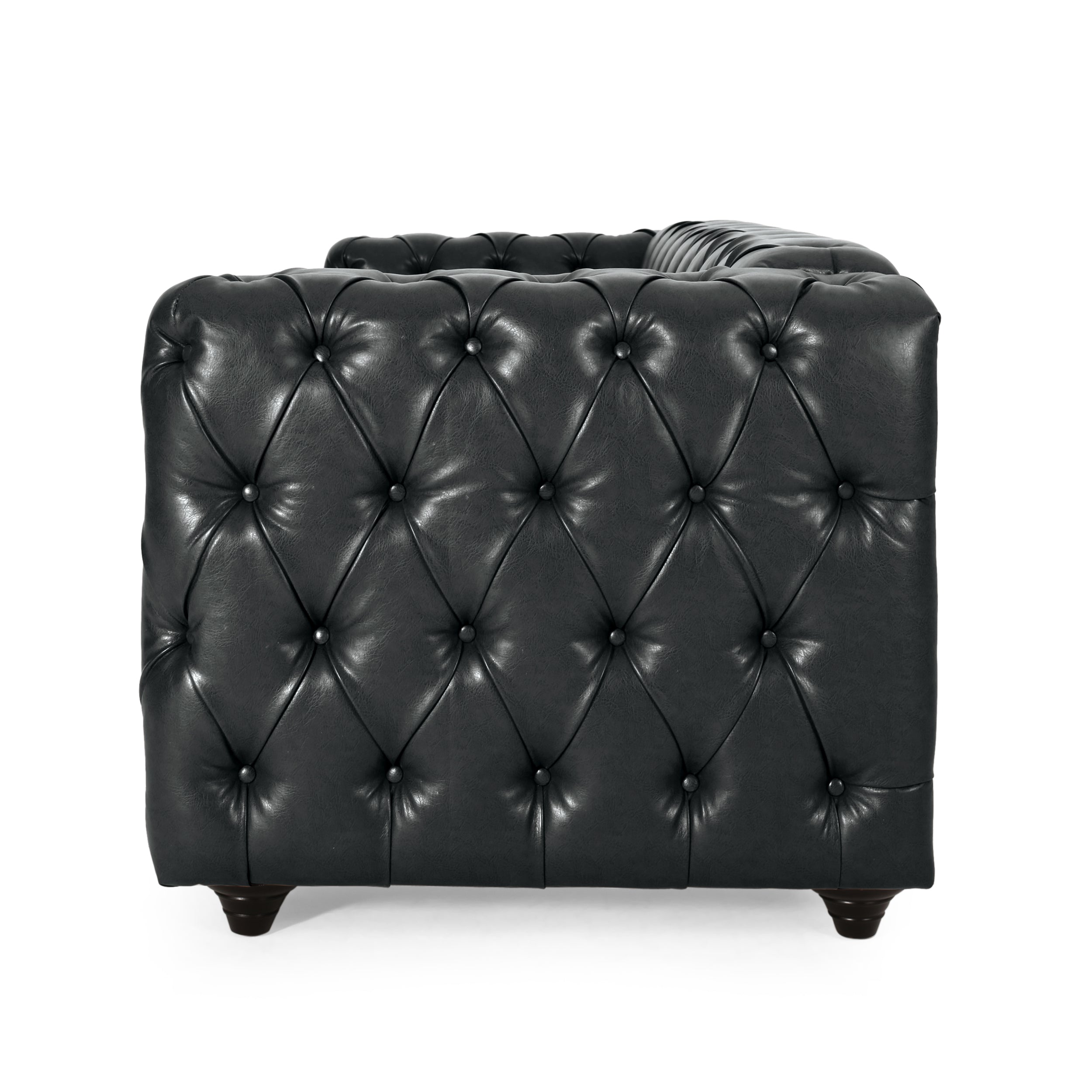 Close-up of button tufted backrest detail on Sfeerco Regis black Chesterfield sofa