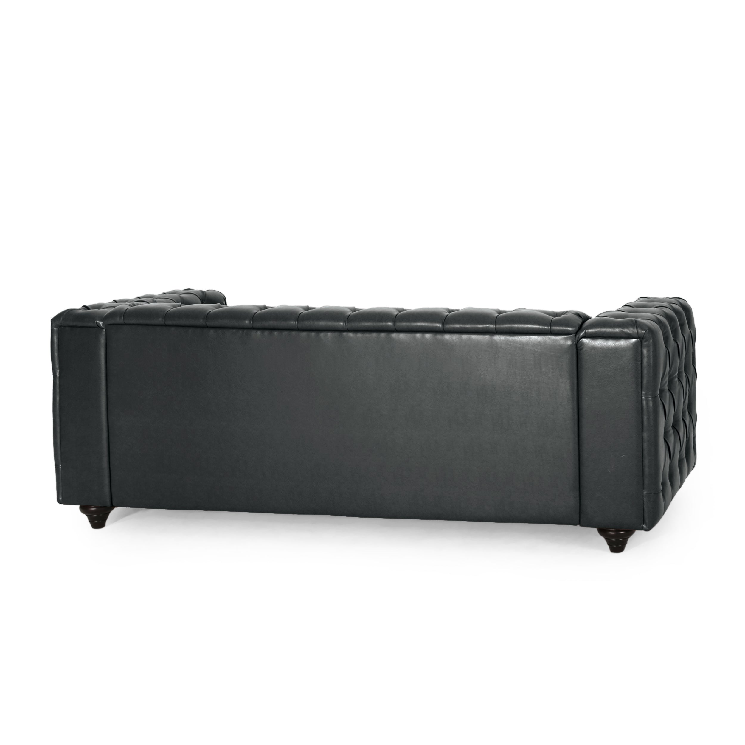 Side profile of Sfeerco Regis black PU leather Chesterfield sofa with vintage wood legs