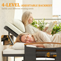 Sfeerco Rivea outdoor daybed showing 4-level adjustable backrest positions with woman demonstrating comfort