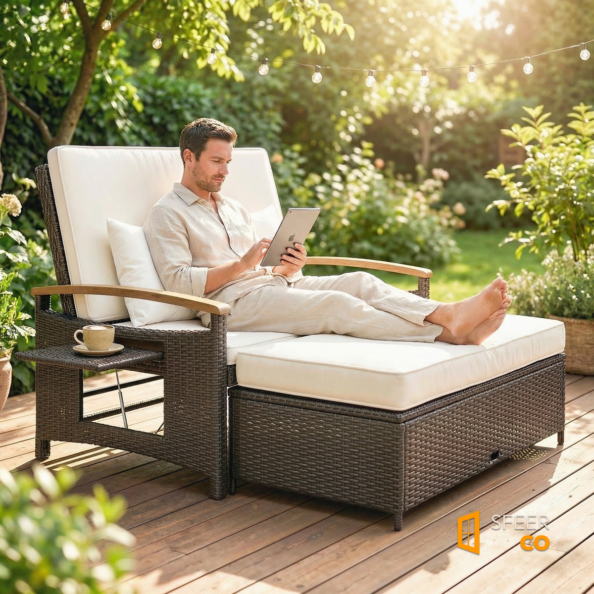 Sfeerco Rivea outdoor rattan daybed with couple relaxing on wooden deck surrounded by garden greenery