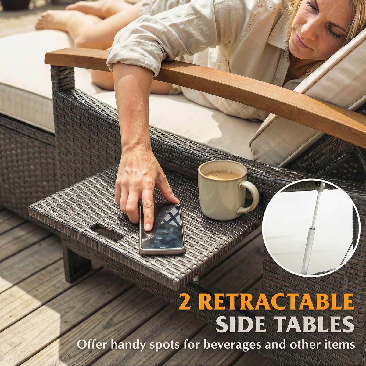 Sfeerco Rivea outdoor daybed retractable side table detail with coffee mug and phone on acacia wood surface