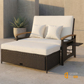 Sfeerco Rivea dark brown rattan outdoor daybed lounge chair with beige cushions and storage ottoman