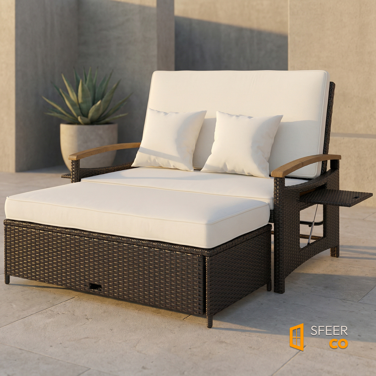 Sfeerco Rivea dark brown rattan outdoor daybed lounge chair with beige cushions and storage ottoman