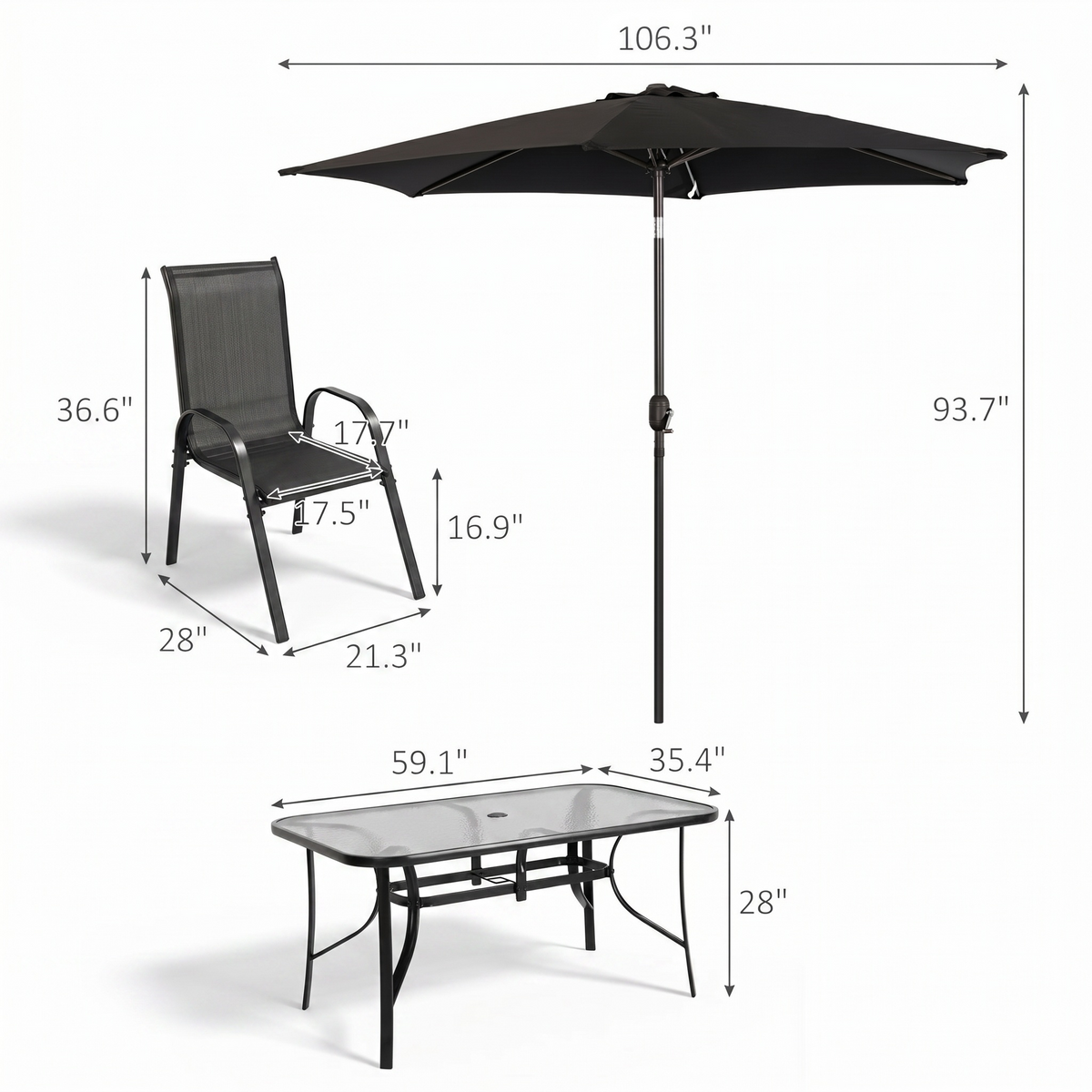 Product dimensions diagram of Sfeerco Riviera 8-piece outdoor dining set with umbrella chair and table measurements