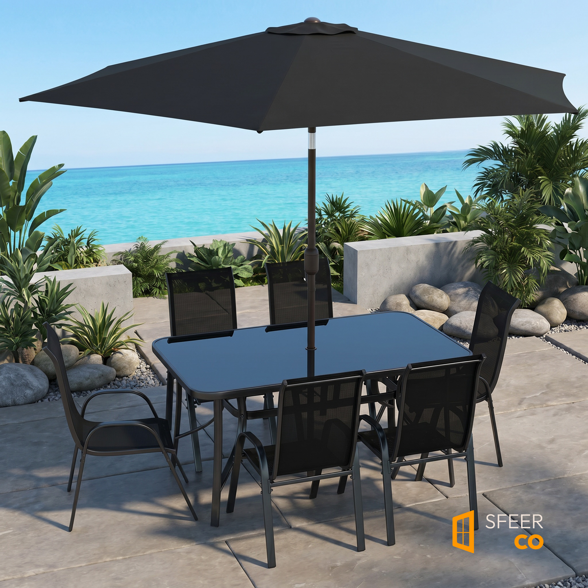 Sfeerco Riviera 8-piece patio dining set in black styled in garden setting with umbrella open