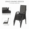 Space-saving design infographic showing stackable armchairs and breathable mesh seat of Sfeerco Riviera dining set
