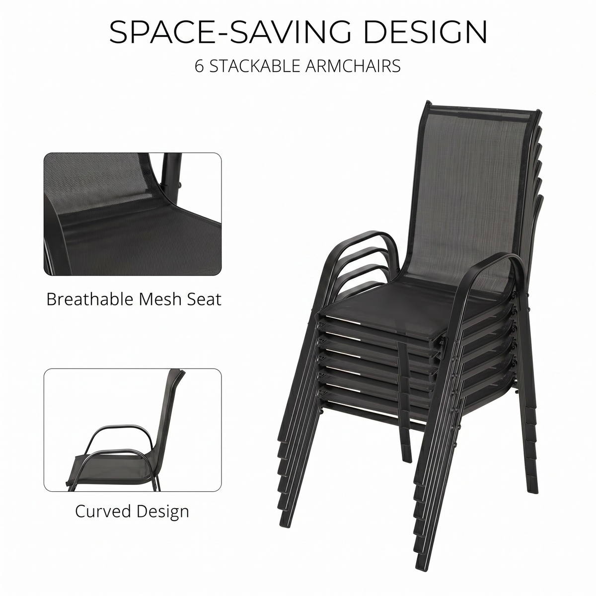 Space-saving design infographic showing stackable armchairs and breathable mesh seat of Sfeerco Riviera dining set