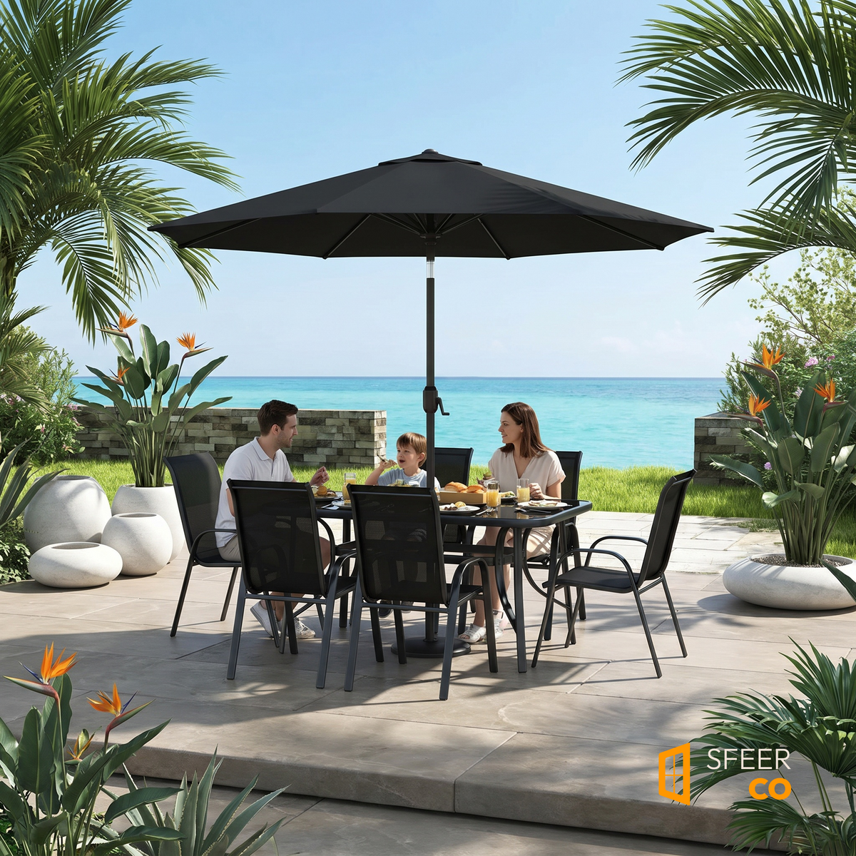 Sfeerco Riviera black outdoor dining set with umbrella styled on tropical patio with palm trees and ocean view