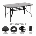 Sfeerco Riviera outdoor dining table showing tempered glass top with umbrella hole and protective foot cap