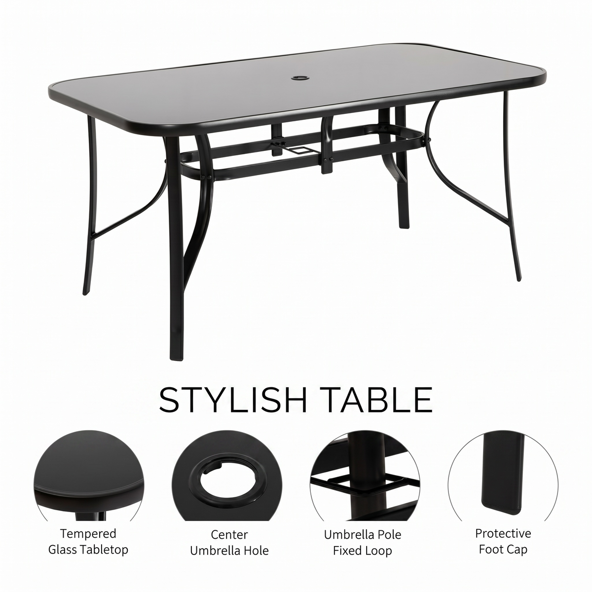 Sfeerco Riviera outdoor dining table showing tempered glass top with umbrella hole and protective foot cap