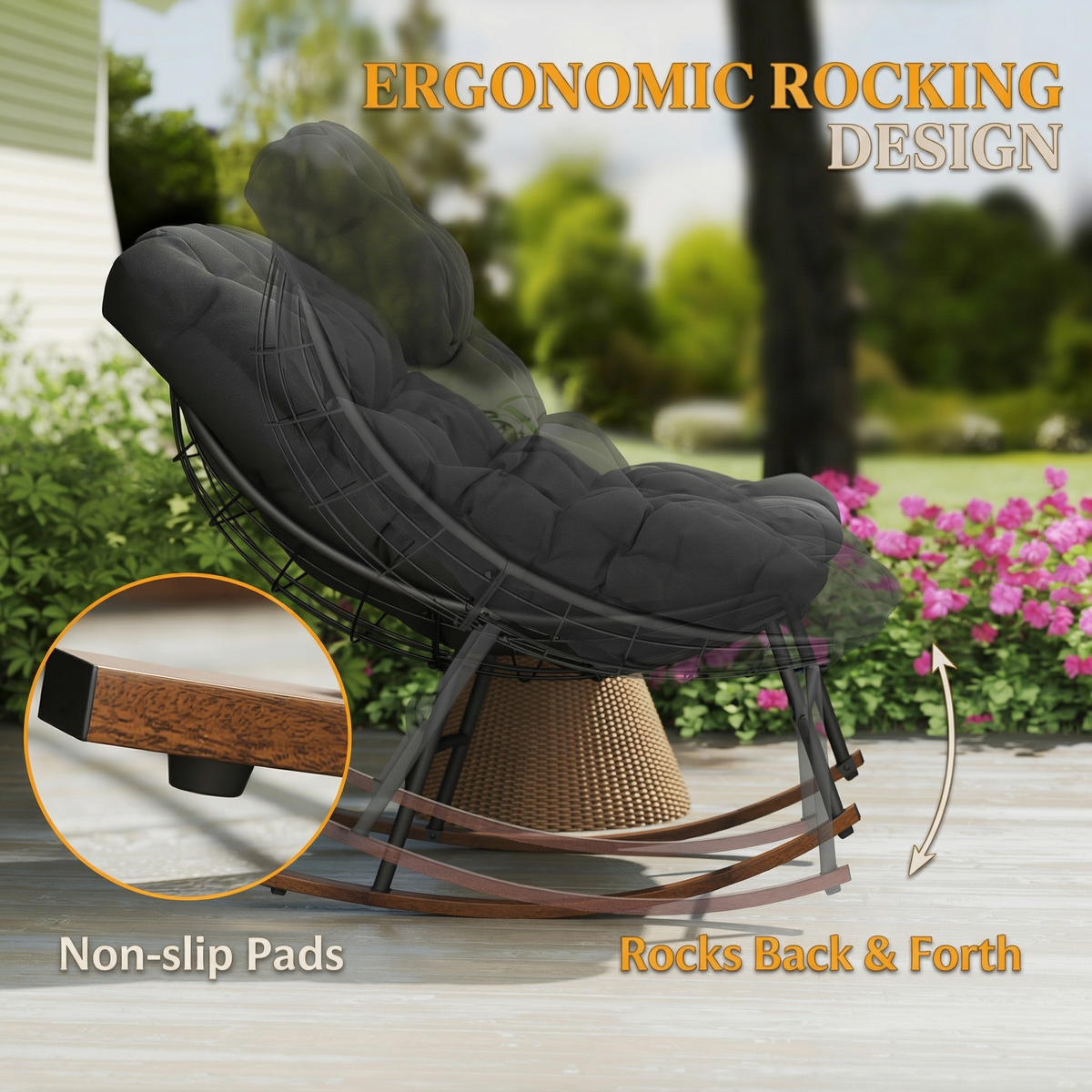 Sfeerco Rondo papasan rocking chair ergonomic rocking design with non-slip pads and woodgrain base detail