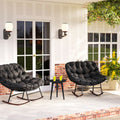 Sfeerco rondo set of 2 black papasan rocking chairs with cushions on covered porch with flower wall