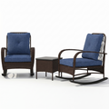 Sfeerco Sesto 3-piece outdoor rattan rocking chair bistro set with navy blue cushions and coffee table on white background