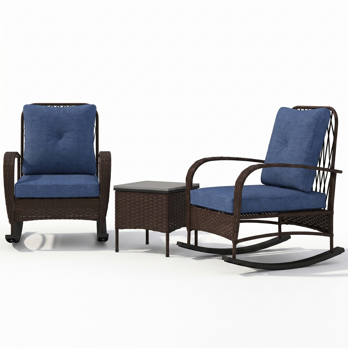 Sfeerco Sesto 3-piece outdoor rattan rocking chair bistro set with navy blue cushions and coffee table on white background