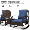 Infographic showing hand-woven UV-protected weather-resistant rattan wicker design and tufted cushions of Sfeerco Sesto rocking chair set