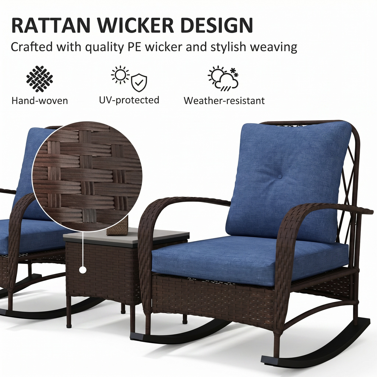 Infographic showing hand-woven UV-protected weather-resistant rattan wicker design and tufted cushions of Sfeerco Sesto rocking chair set