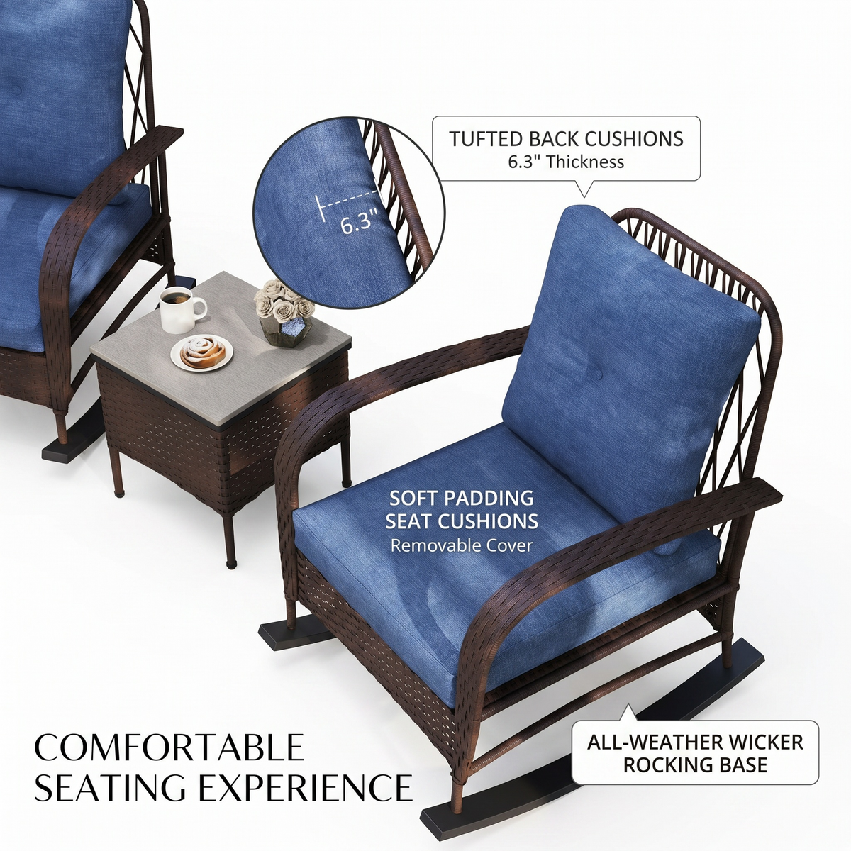 Product dimensions diagram of Sfeerco Sesto outdoor rattan rocking chair and coffee table with measurements