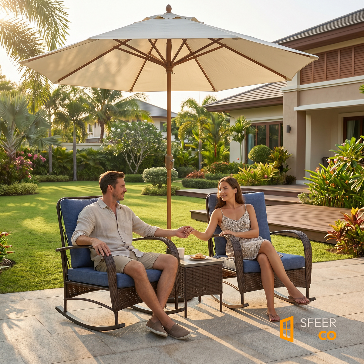 Sfeerco Sesto outdoor rattan rocking chair set styled in garden patio with umbrella and couple seated