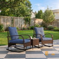 Sfeerco Sesto brown rattan rocking chair bistro set with navy cushions on outdoor patio