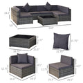 Sfeerco Slate 7-piece rattan sectional sofa set dimensions diagram with measurements for all pieces
