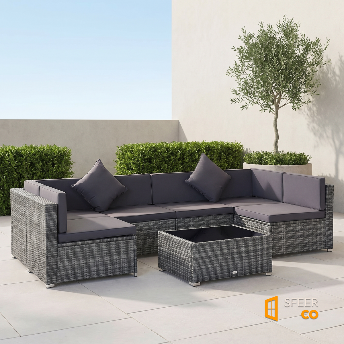 Sfeerco Slate gray rattan outdoor sectional sofa set side view with dark cushions and glass table