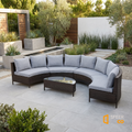 Sfeerco Solano outdoor rattan sectional sofa set styled on modern patio with garden landscaping