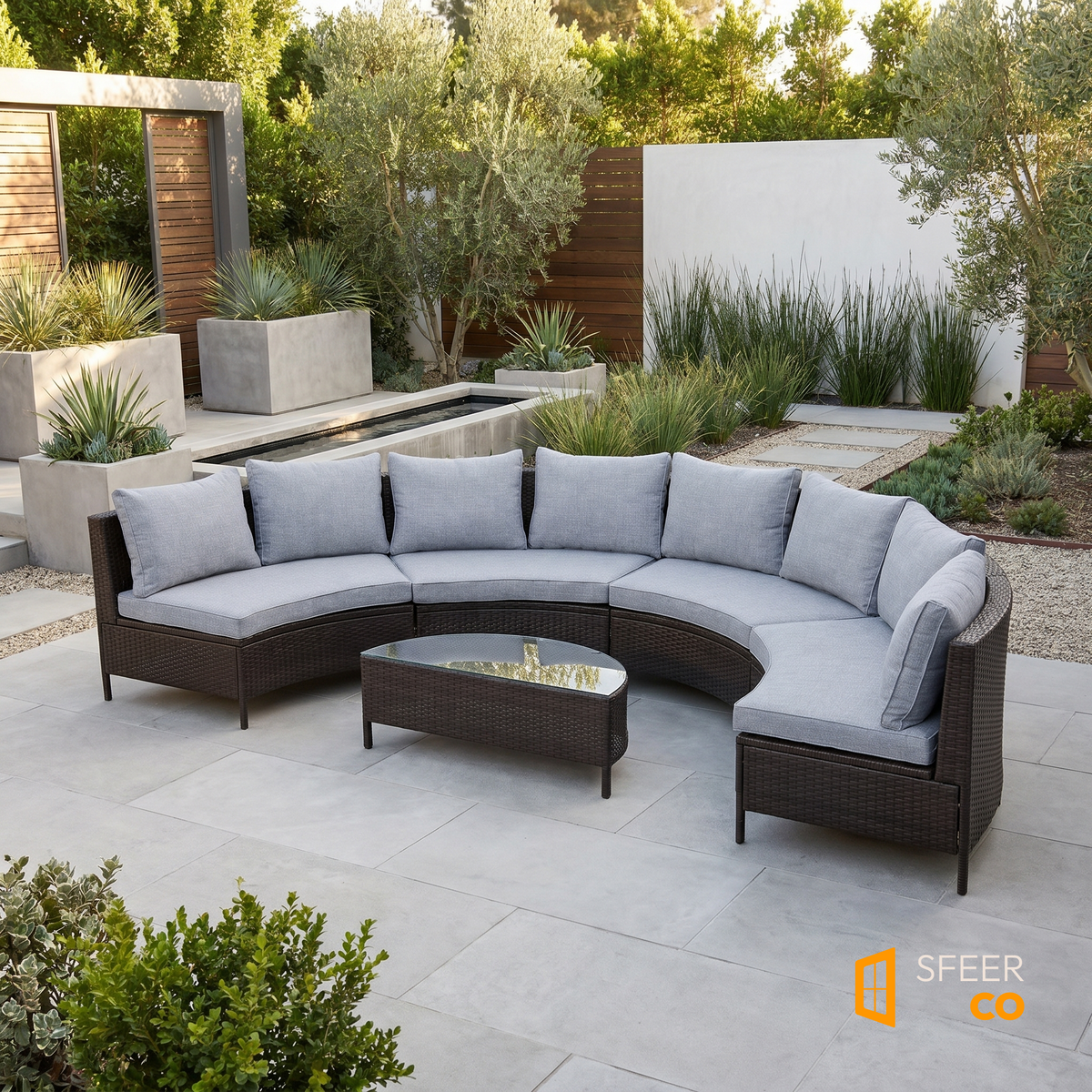 Sfeerco Solano outdoor rattan sectional sofa set styled on modern patio with garden landscaping