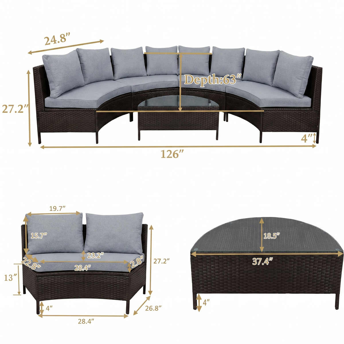 Product dimensions diagram of Sfeerco Solano 5-piece outdoor rattan sofa set with measurements