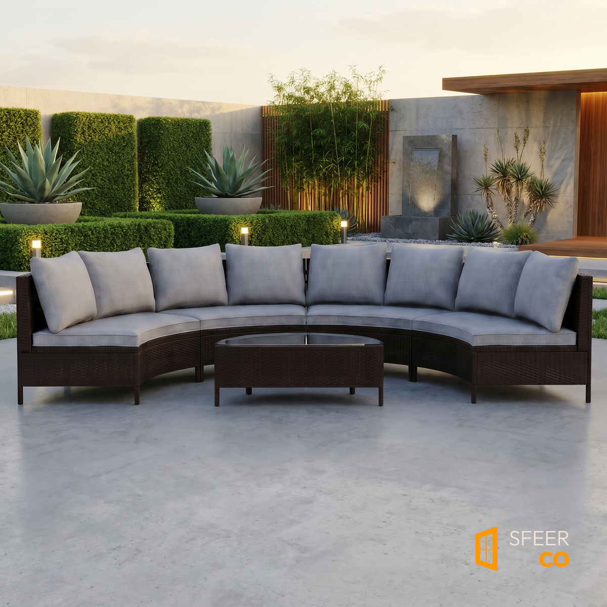 Sfeerco Solano half-moon rattan sofa set on contemporary outdoor terrace with grey cushions