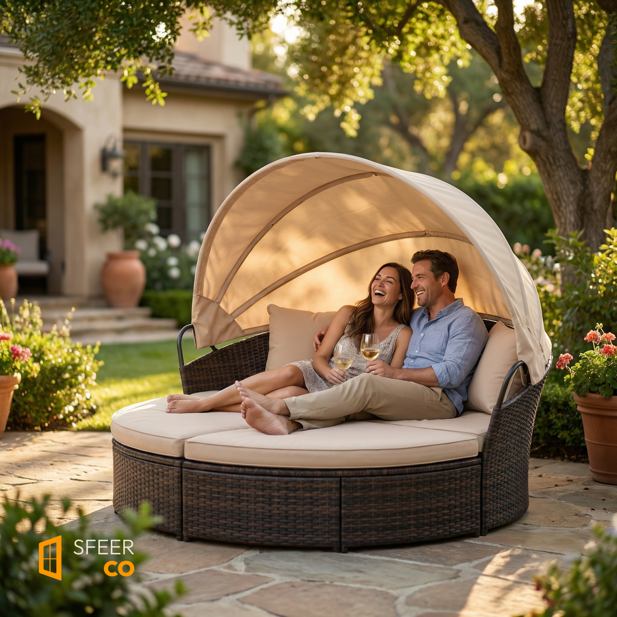 Couple relaxing on Sfeerco Soleil rattan daybed with canopy luxury patio garden