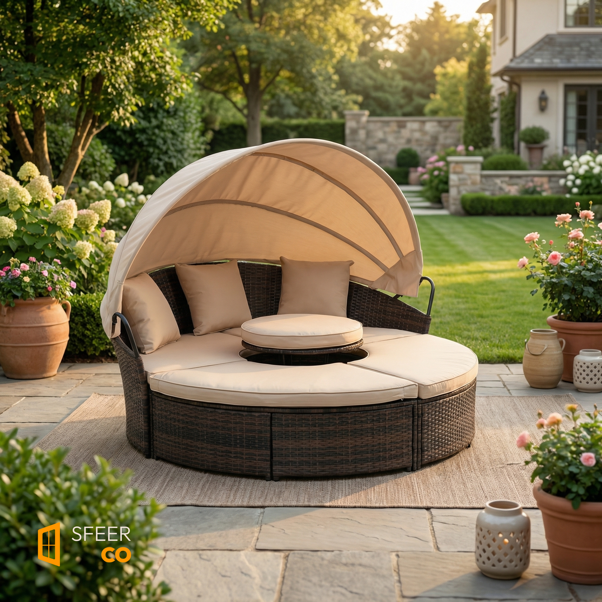 Sfeerco Soleil convertible rattan daybed cream white luxury backyard garden golden hour