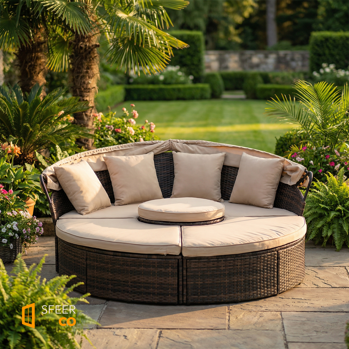Sfeerco Soleil rattan round lounge set with canopy cream white luxury patio garden