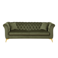 Sfeerco Stanford Chesterfield tufted 3-seater sofa in sage green velvet with gold legs on white background