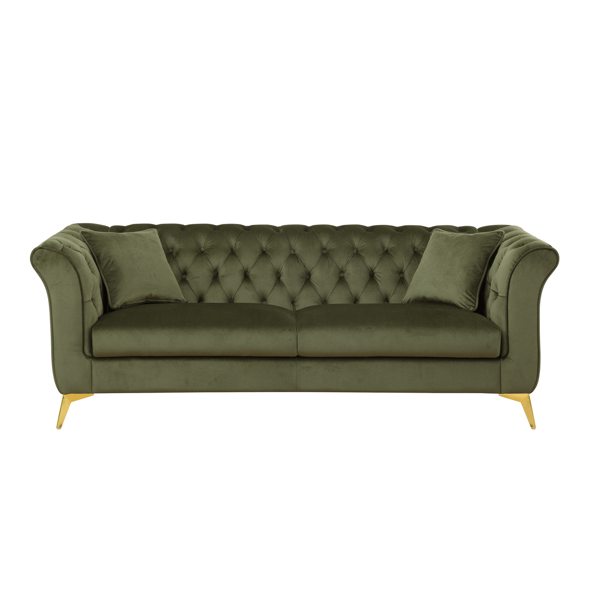 Sfeerco Stanford Chesterfield tufted 3-seater sofa in sage green velvet with gold legs on white background
