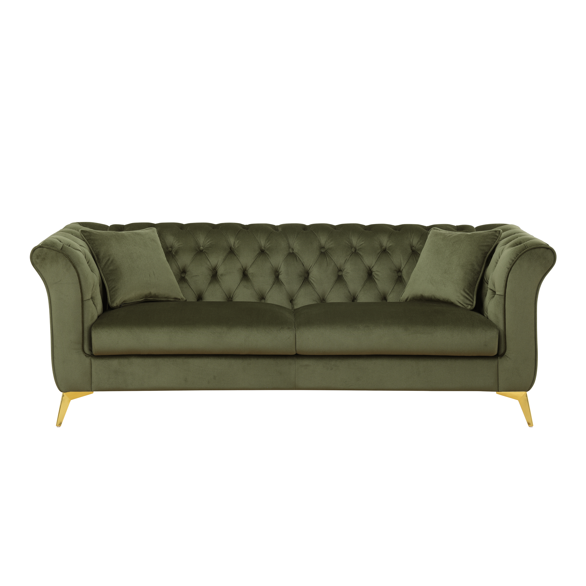 Sfeerco Stanford Chesterfield tufted 3-seater sofa in sage green velvet with gold legs on white background