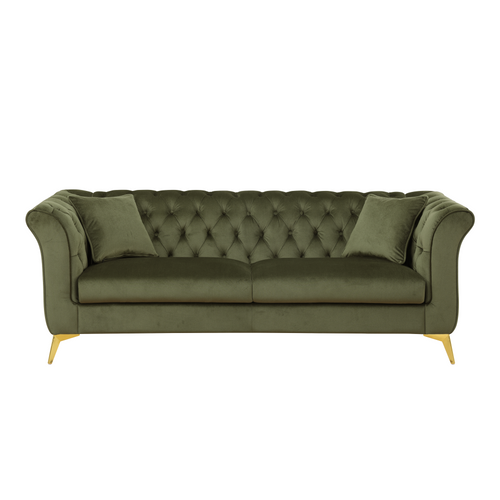 Sfeerco Stanford Chesterfield tufted 3-seater sofa in sage green velvet with gold legs on white background