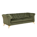 Angled view of Sfeerco Stanford sage green velvet Chesterfield sofa showing button tufting and gold metal legs