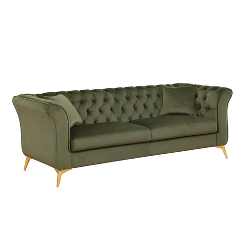 Angled view of Sfeerco Stanford sage green velvet Chesterfield sofa showing button tufting and gold metal legs