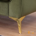 Close-up of gold metal leg detail on Sfeerco Stanford sage green velvet Chesterfield sofa