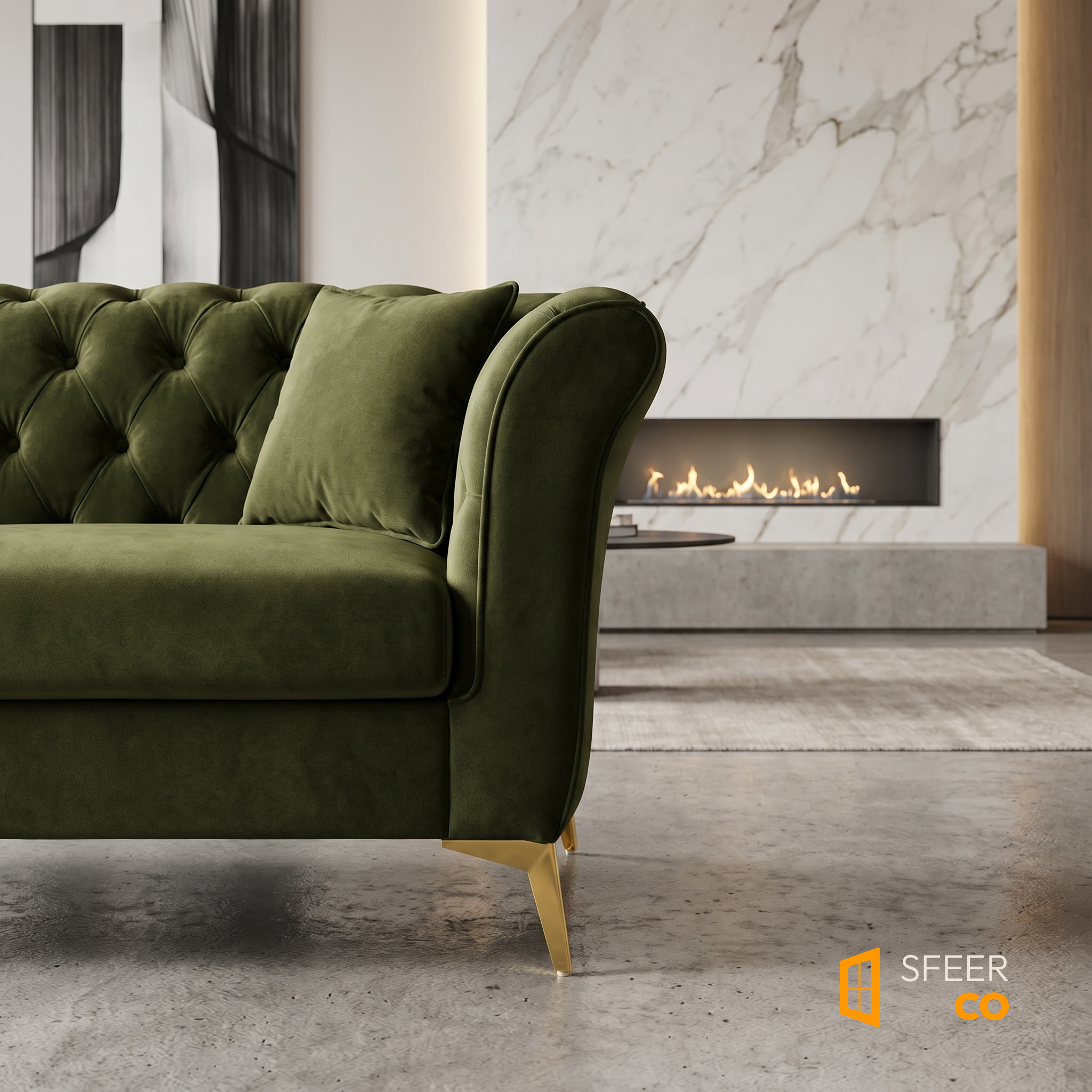 Sfeerco Stanford green Chesterfield sofa in luxury living room with marble fireplace