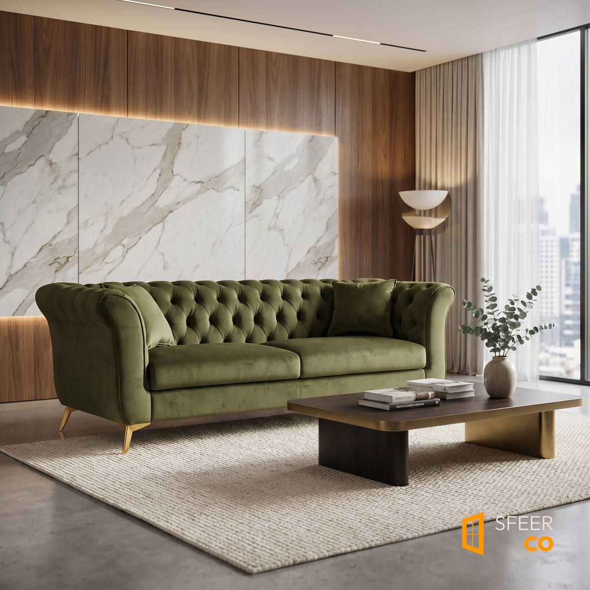 Sfeerco Stanford sage green Chesterfield sofa in modern living room with marble wall paneling