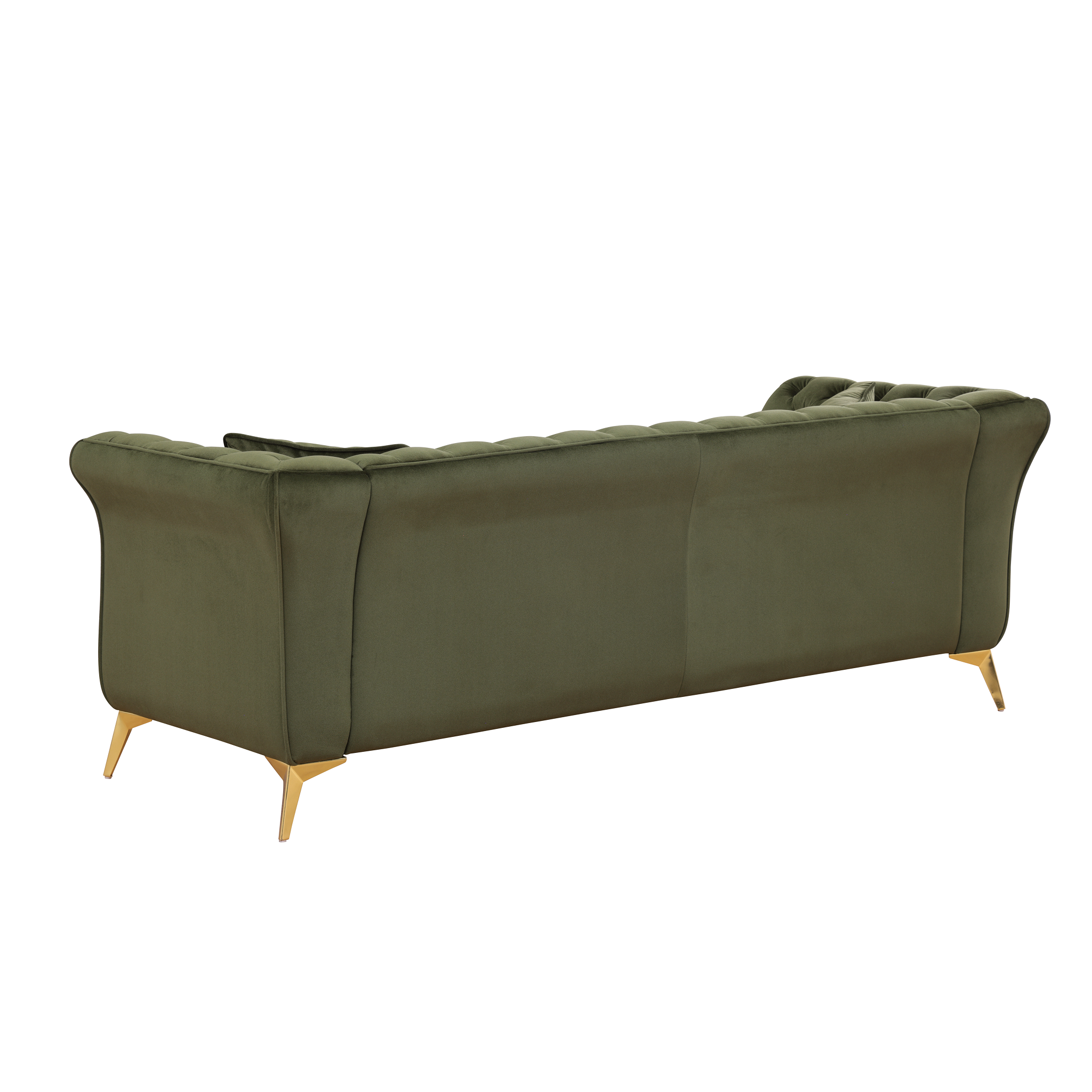 Side profile of Sfeerco Stanford sage green velvet sofa showing scroll arm and gold legs