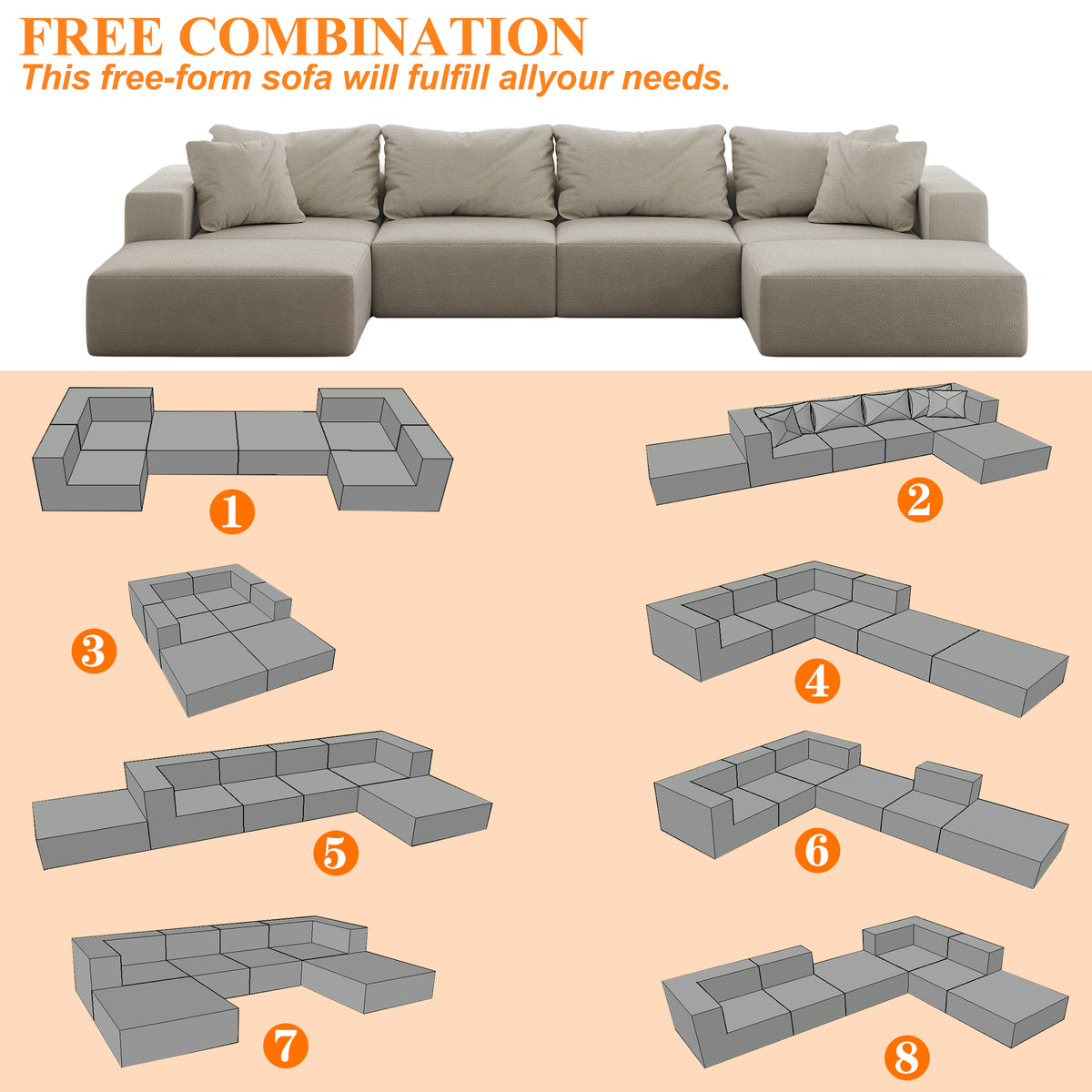 Sfeerco Strato modular sofa free combination infographic showing 8 different layout configurations