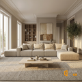 Sfeerco Strato L-shaped sectional sofa in premium living room with warm natural light and wooden accents